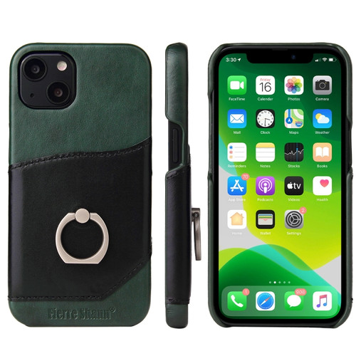 iPhone 13 Fierre Shann Oil Wax Texture Genuine Leather Back Cover Case with 360 Degree Rotation Holder & Card Slot - Black